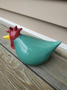 Vintage CBK Ceramic Rooster Chicken Blueish Green Crackle Finish Decor